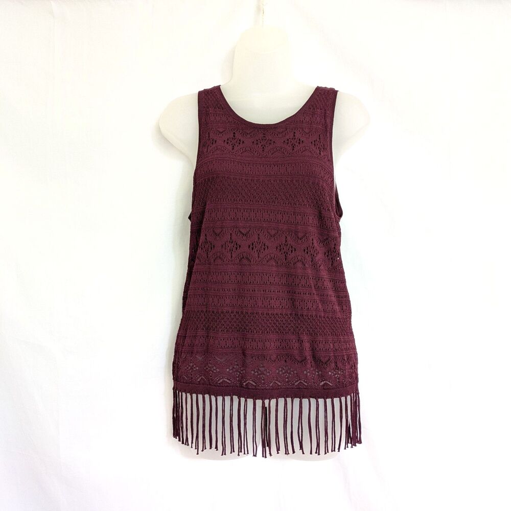 White House Black Market Crochet Fringe Tank Top Cabernet Purple Size SP Petite
